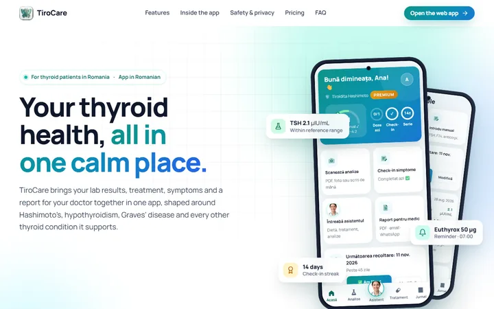 The TiroCare website: a calm light design with the app on a phone.