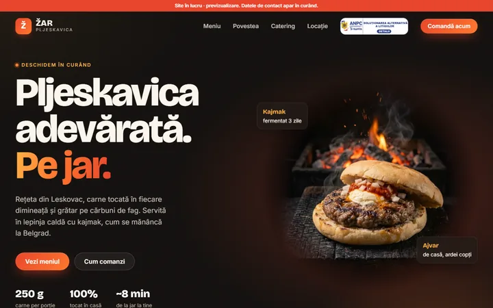The ŽAR pljeskavica website: bold headline beside a grilled pljeskavica over glowing coals.