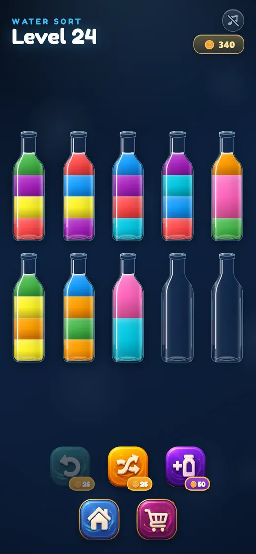 Water Sort level 24: ten bottles of colored liquid waiting to be sorted.